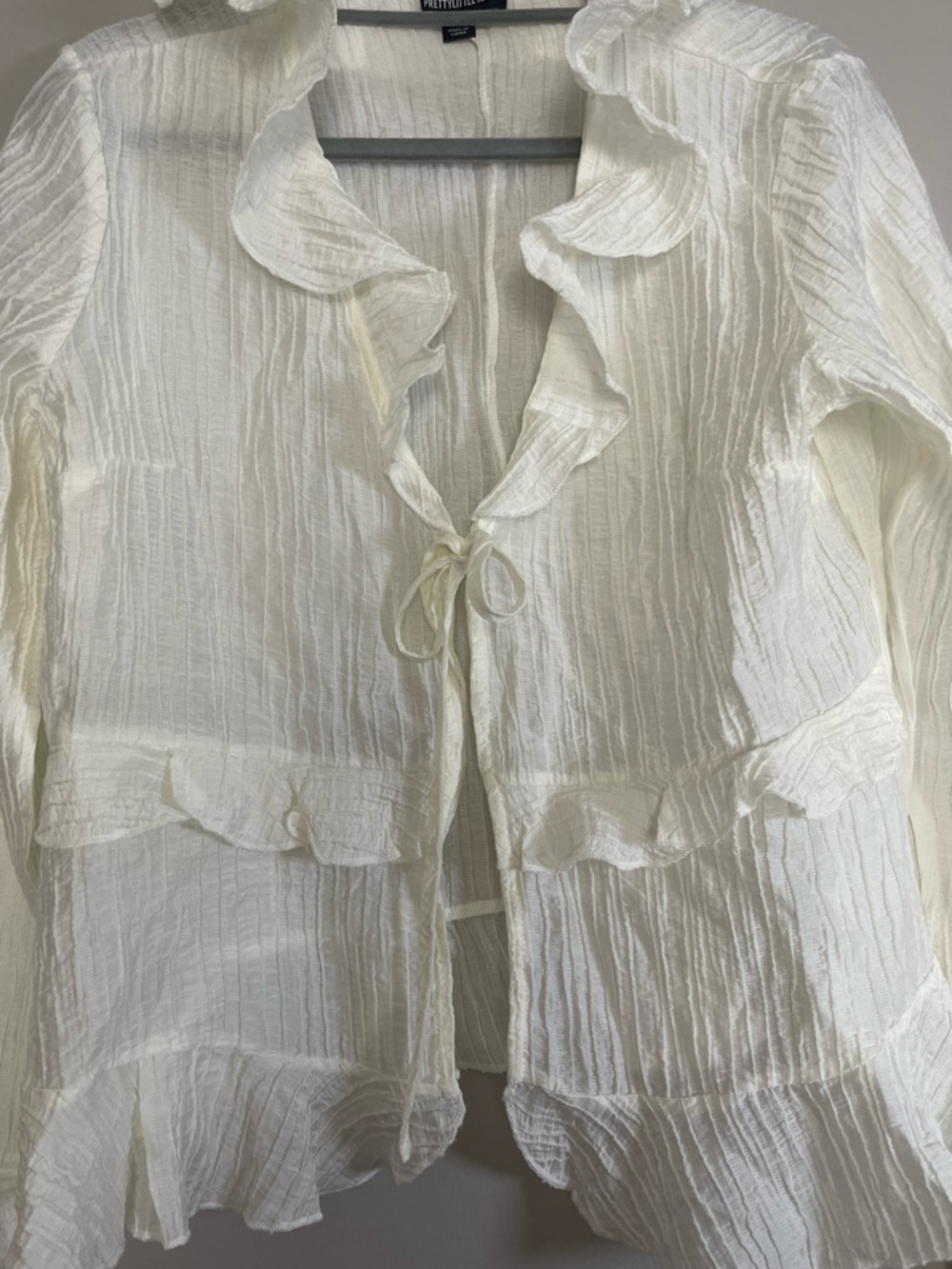 PrettyLittleThing Ruffled Tie-Front Sheer Blouse - Cream - Picture 2 of 7